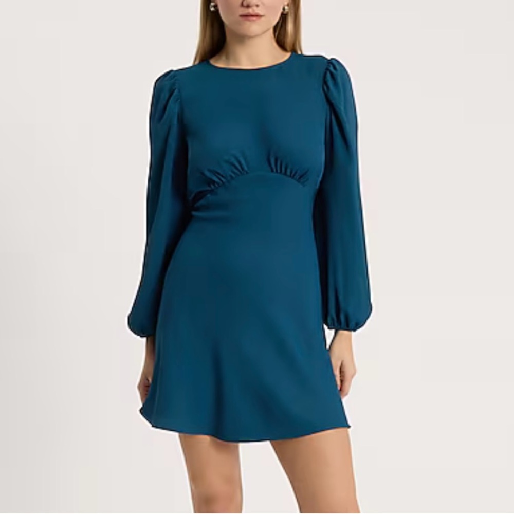 Express Blue Ruched A-line Dress with Bishop Sleeves
